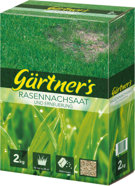 Produktbild von Gärtners Rasennachsaat und Erneuerung 2kg Verpackung mit Grasabbildung und Informationen zur Anwendungsfläche sowie Aussaatzeitraum