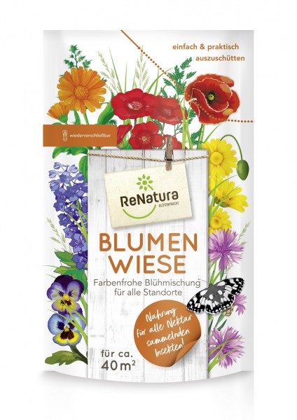 Produktbild von ReNatura Blumenwiese Verpackung mit bunter Darstellung von Blumen, Hinweisen zur einfachen und praktischen Aussaat sowie Informationen zur Biodiversität für Insekten in deutscher Sprache.