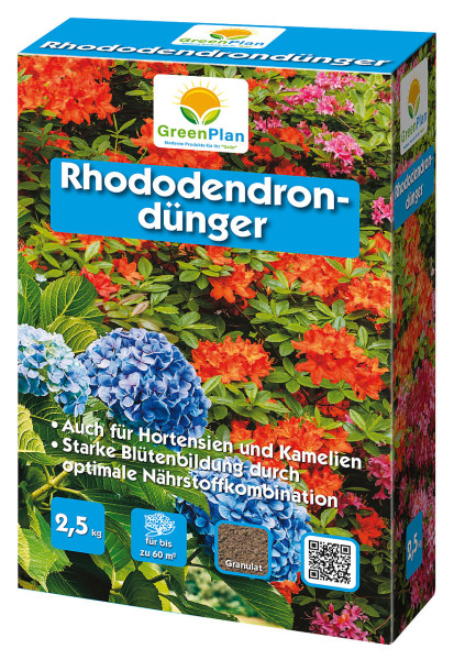 Produktbild des GreenPlan GP Rhododendrondünger in einer 2,5 kg Verpackung mit Abbildungen blühender Rhododendron und Hinweisen auf Eignung auch für Hortensien und Kamelien sowie Informationen zur Nährstoffkombination und QR-Code.