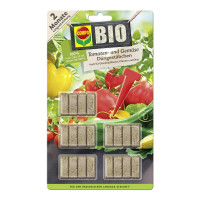 Produktbild von COMPO BIO Tomaten- und Gemüse Düngestäbchen mit 20 Stäbchen und Angabe von 2 Monaten Langzeitwirkung sowie Bildern von Tomaten und Paprika im...